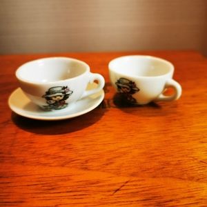 Vintage Japan Miniature Ceramic Tea Cup and Saucer Girl in Big Hat with Kitties